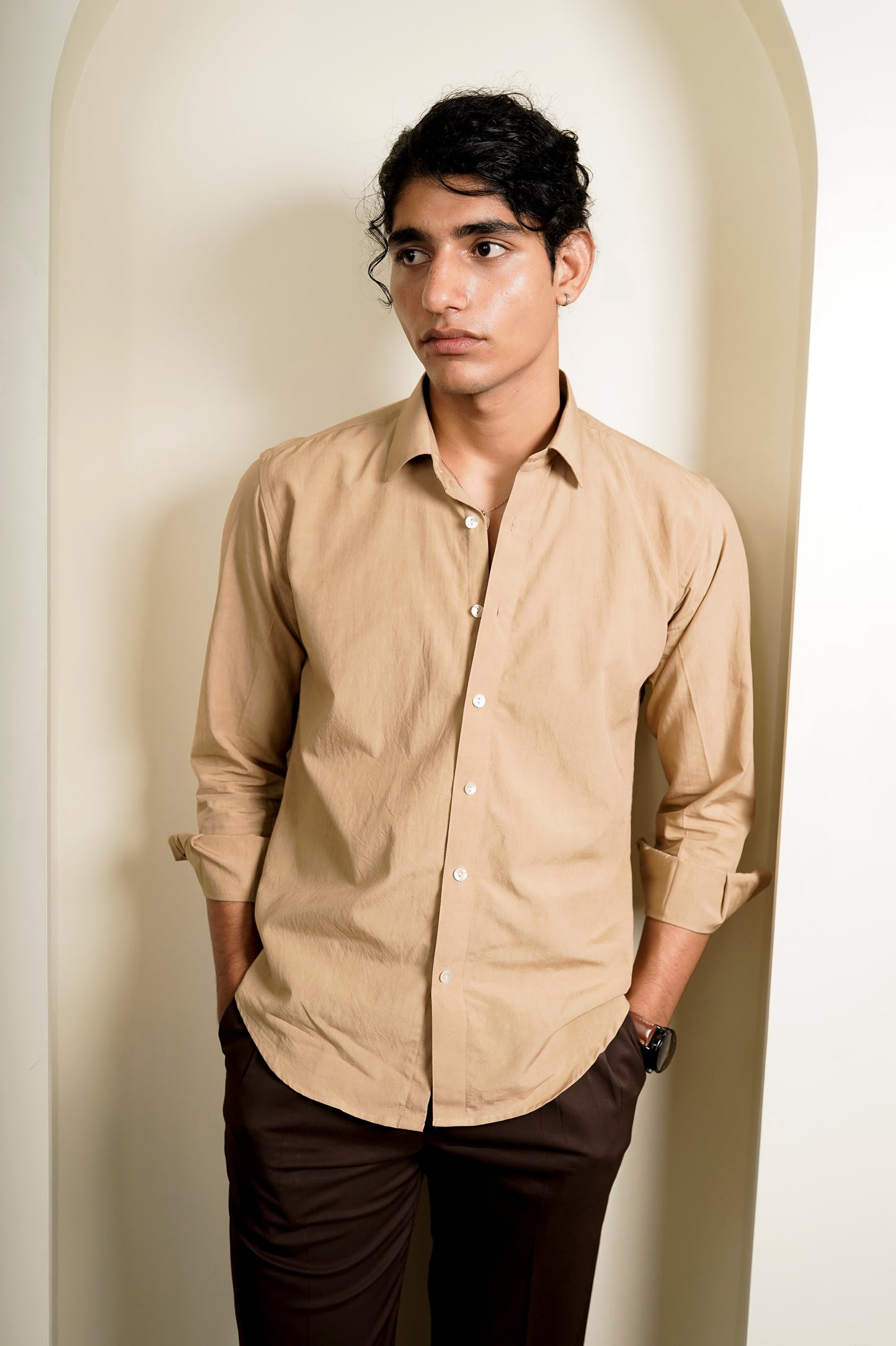 Beige Slim Fit Easy-Iron Shirt