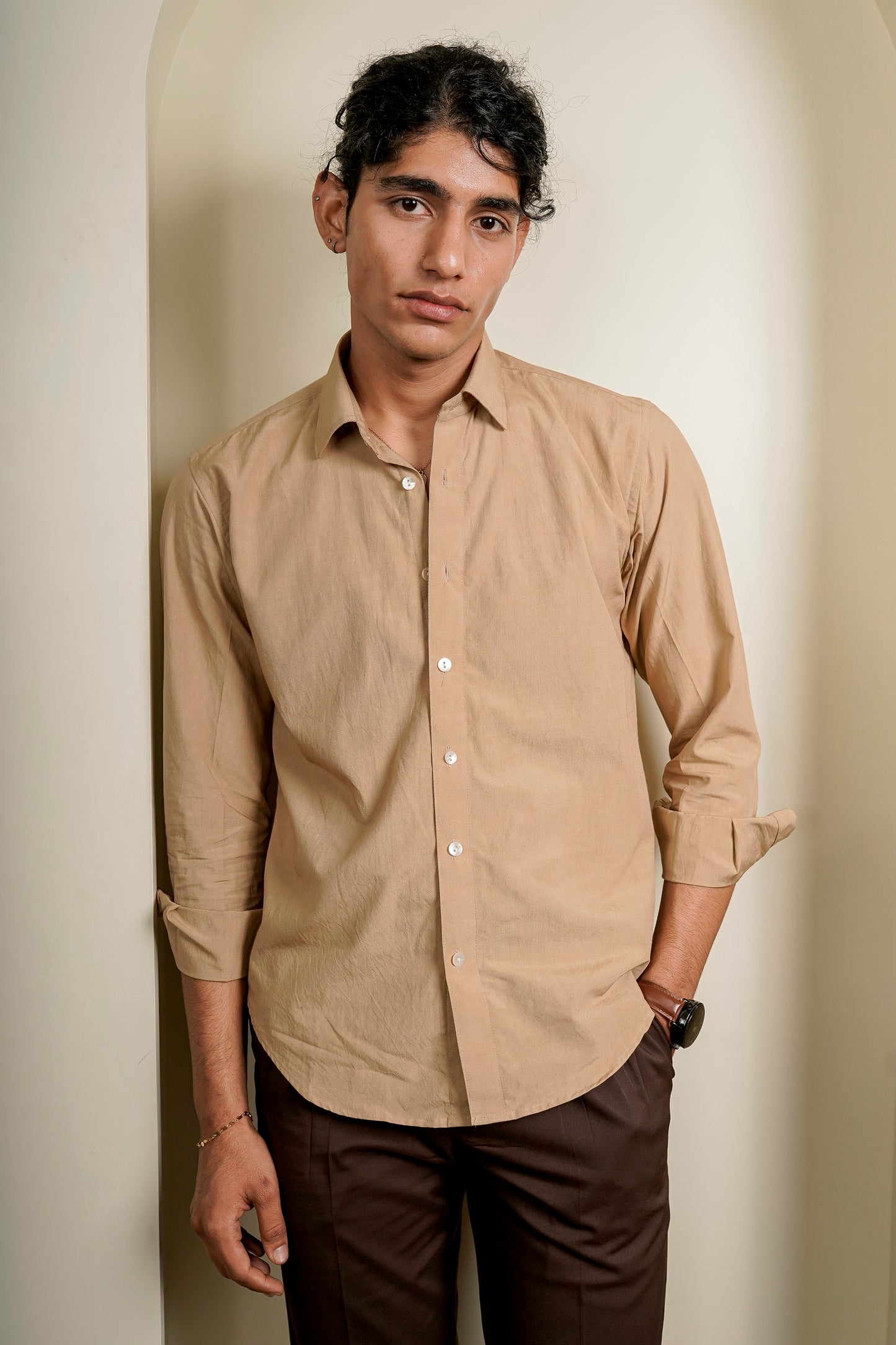 Beige Slim Fit Easy-Iron Shirt