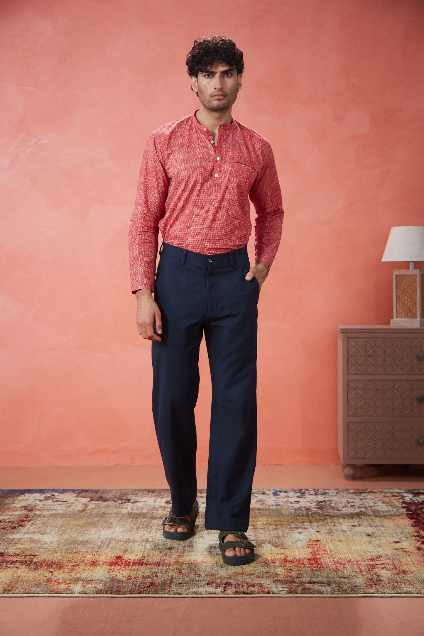 Brick Red Textured Cotton Kurta Shirt