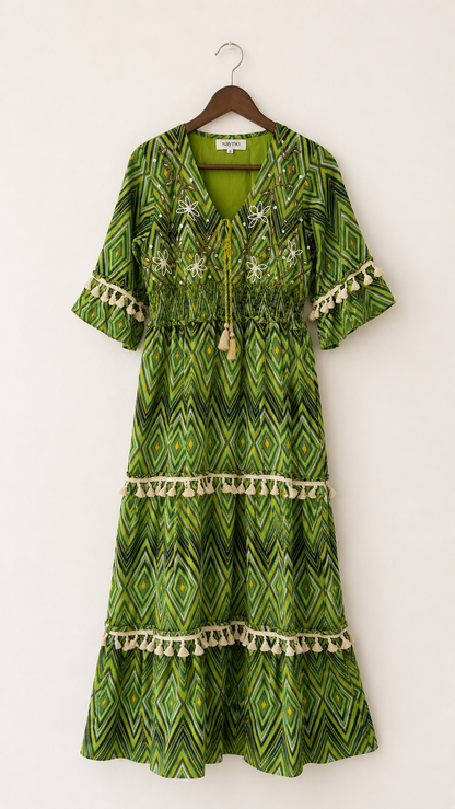 Emerald Tasseled Boho Maxi Dress