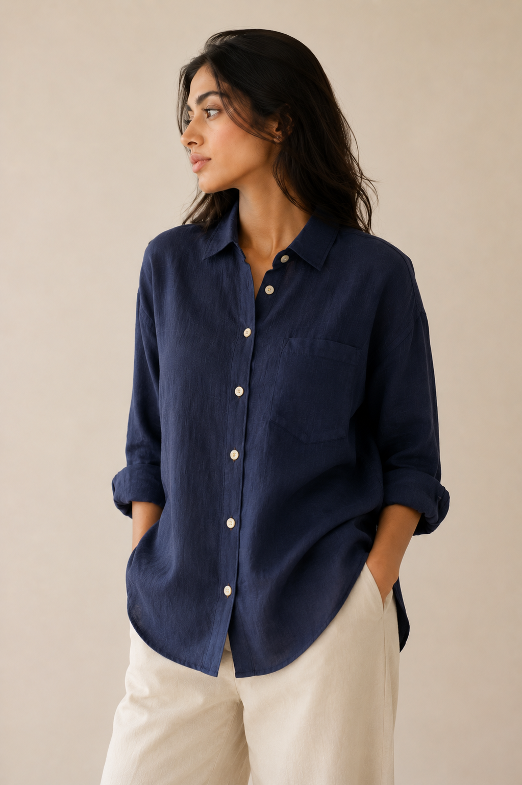 Navy Blue Pure Linen Relaxed Fit Shirt