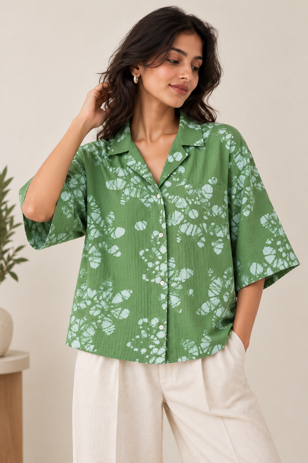 Sage Bloom Printed Boxy Shirt