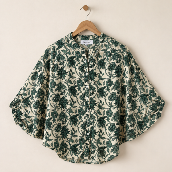 Green Garden Botanical Ponchu-Sleeved Shirt