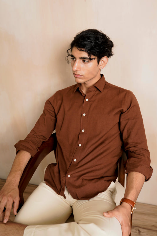 Brown Slim fit Cotton-Linen Shirt