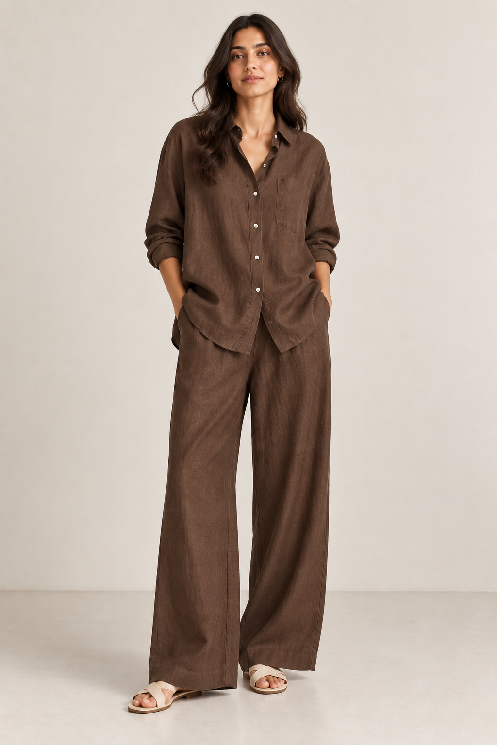 Brown Relaxed Fit Pure Linen Co-ord Set
