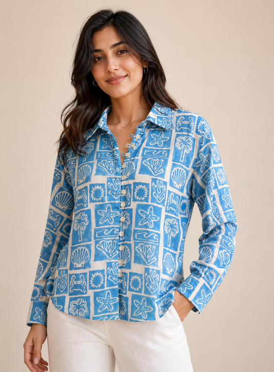 Azure Coast Handblock Cotton Shirt
