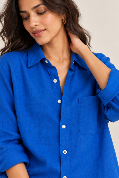 Sapphire Blue Relaxed Fit Pure Linen Shirt