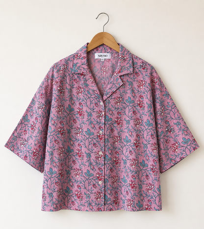 Pink Floral Kantha Boxy Fit Shirt
