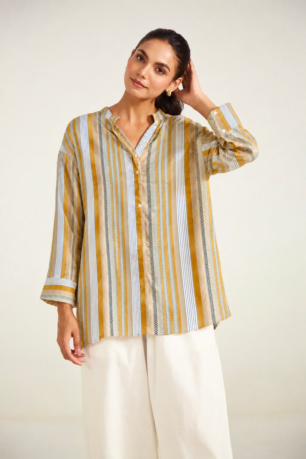 Mustard-Grey Striped Shirt