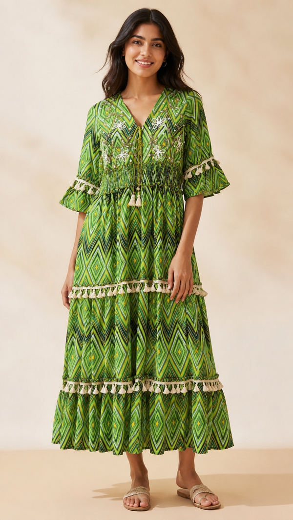 Emerald Tasseled Boho Maxi Dress