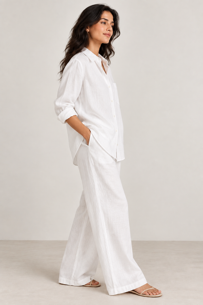 White Pure Linen Relaxed Fit Co-ord set (Set of Two)