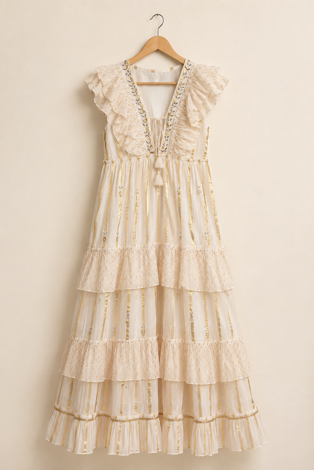 Ivory Gold Ruffle Tiered Maxi Dress