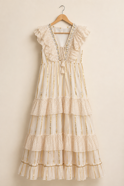 Ivory Gold Ruffle Tiered Maxi Dress