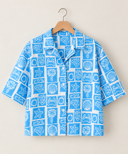 Ocean Blue Boxy Fit Hand block Printed Shirt