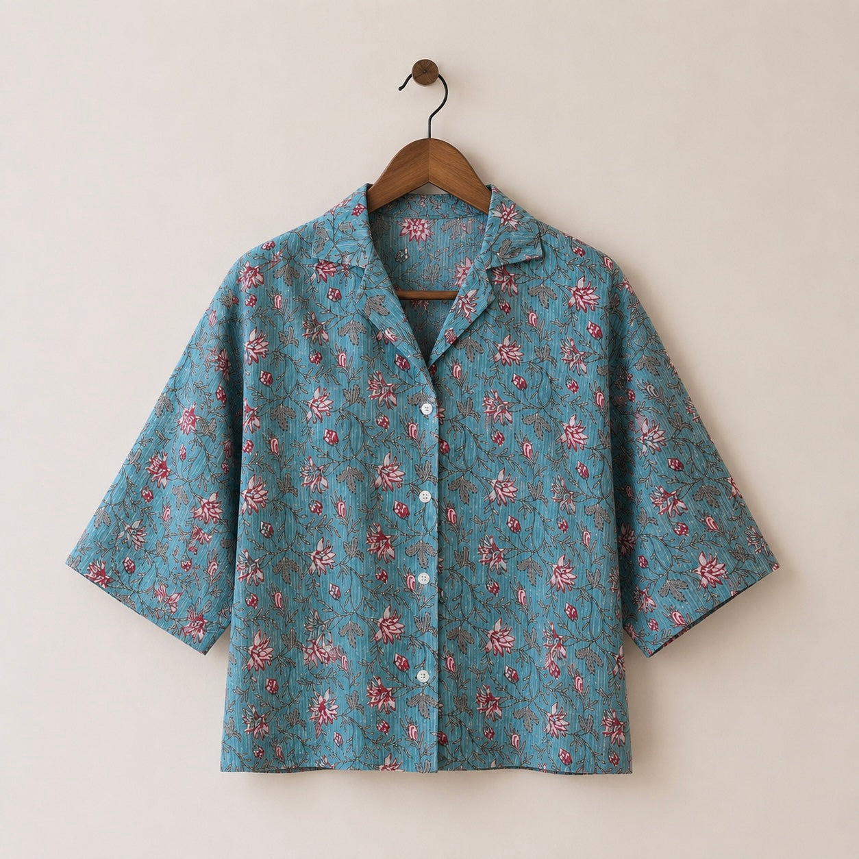 Blue Floral Kantha Boxy Fit Shirt