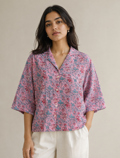 Pink Floral Kantha Boxy Fit Shirt
