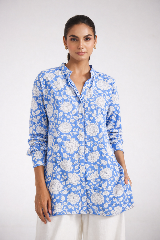 Azure Bloom Handblock Printed Shirt