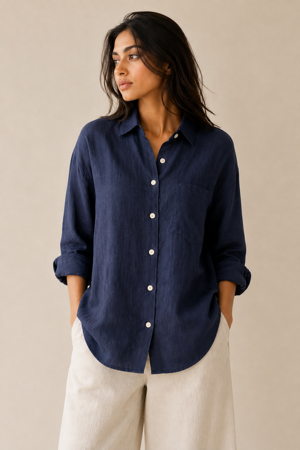 Navy Blue Pure Linen Relaxed Fit Shirt