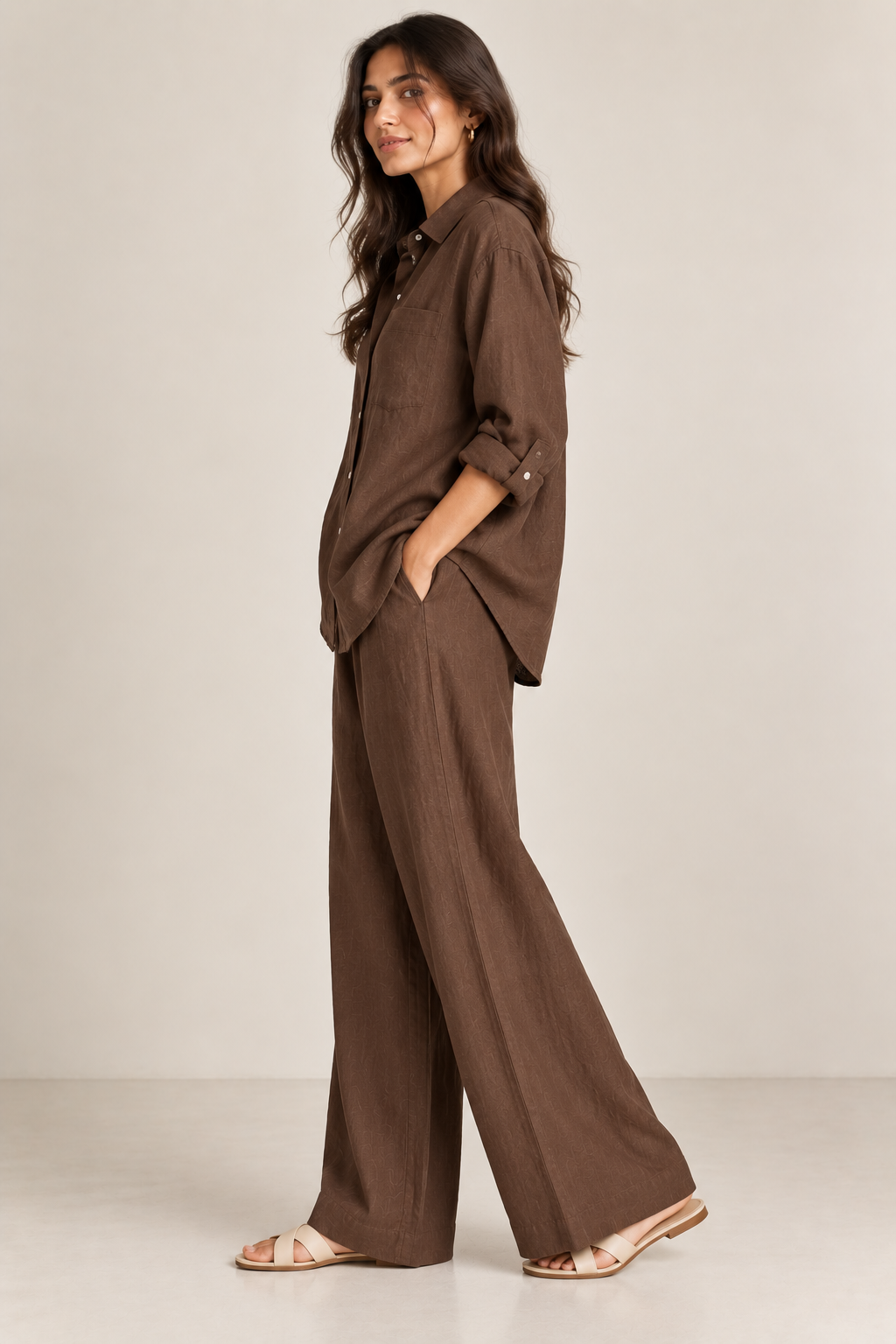 Brown Relaxed Fit Pure Linen Co-ord Set