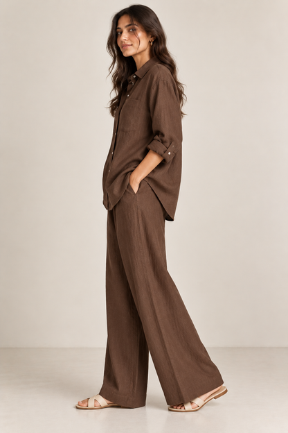 Brown Relaxed Fit Pure Linen Co-ord Set