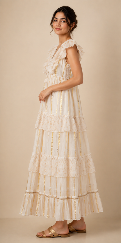 Ivory Gold Ruffle Tiered Maxi Dress