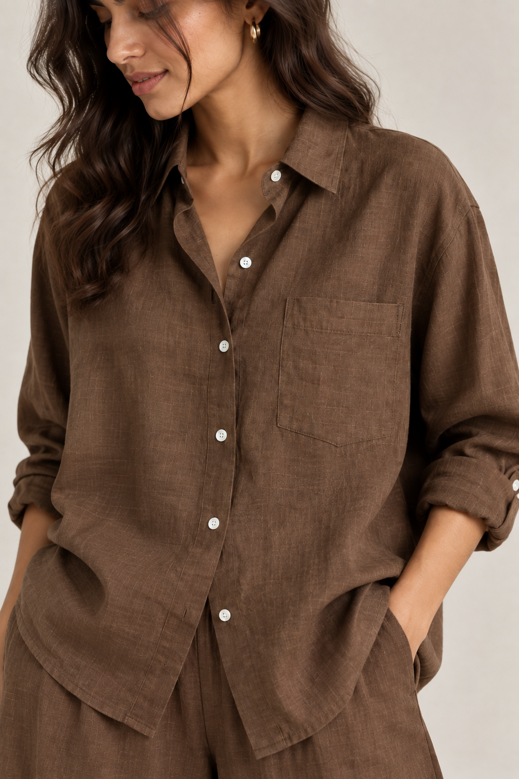 Brown Relaxed Fit Pure Linen Co-ord Set
