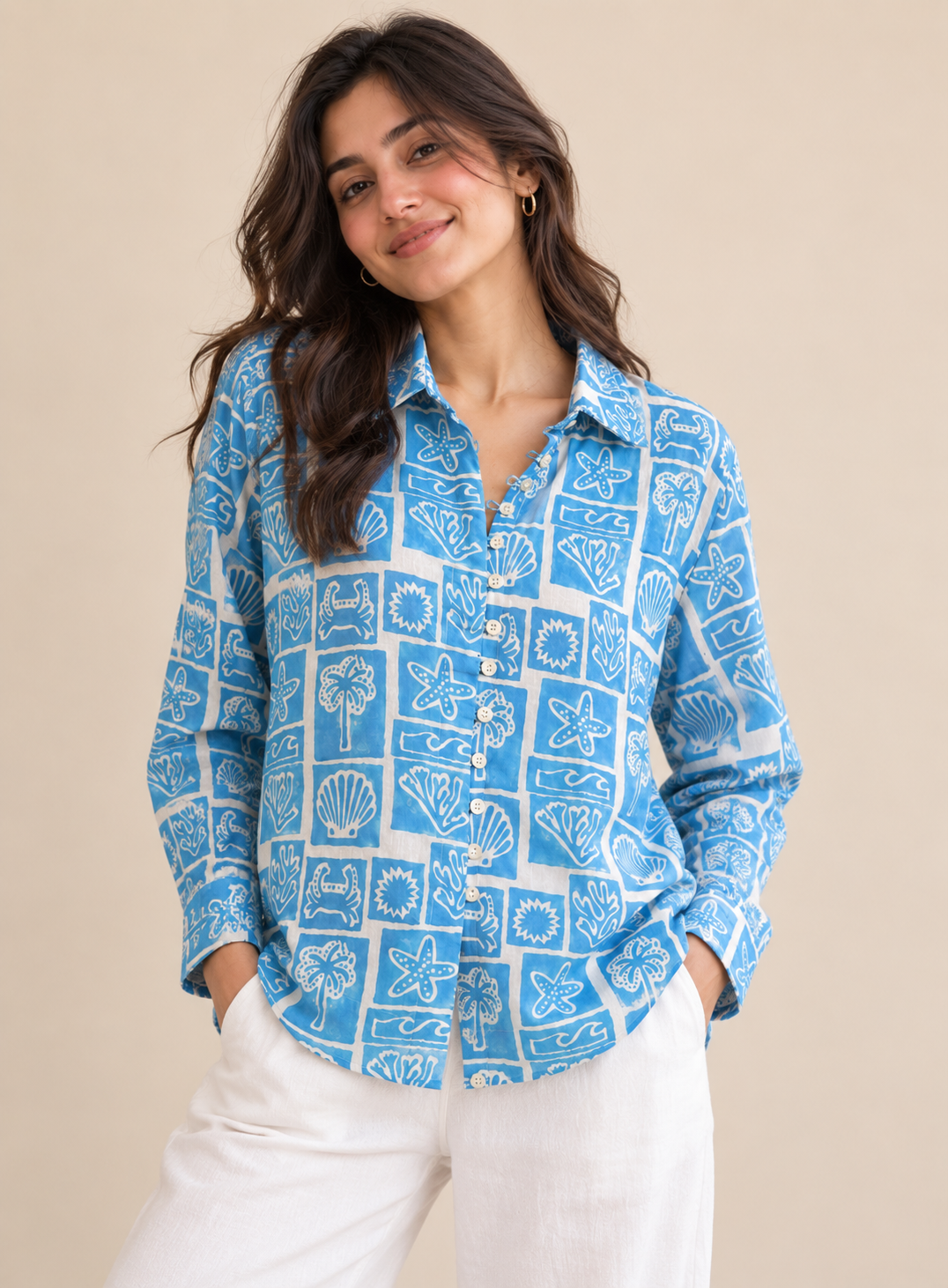 Azure Coast Handblock Cotton Shirt