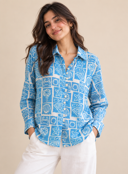 Azure Coast Handblock Cotton Shirt