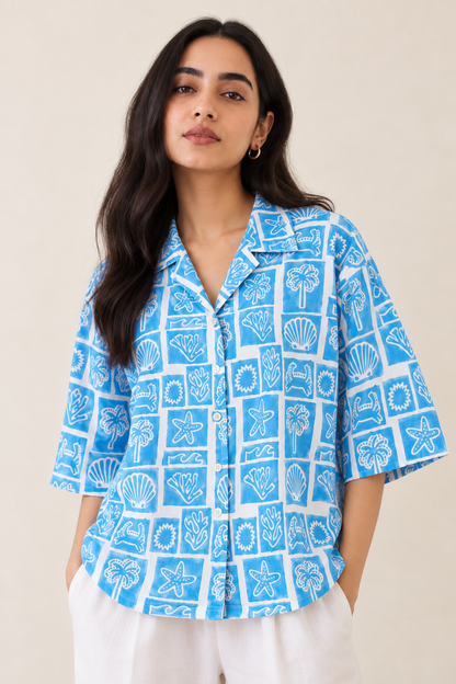 Ocean Blue Boxy Fit Hand block Printed Shirt