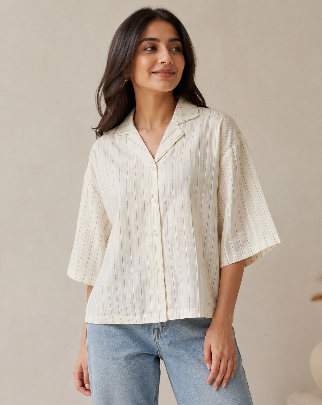 Ivory Pinstripe Resort Collar Boxy Shirt