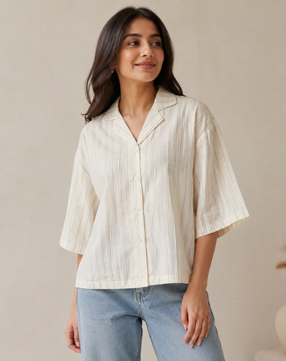 Ivory Pinstripe Resort Collar Boxy Shirt