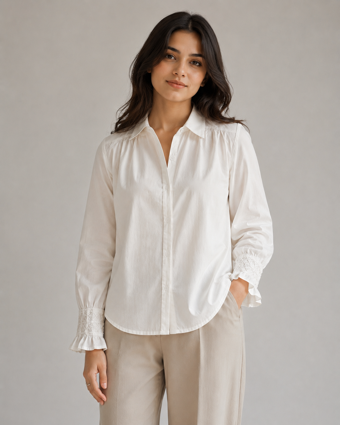 Cotton Smocked-Cuff Relaxed Fit Shirt
