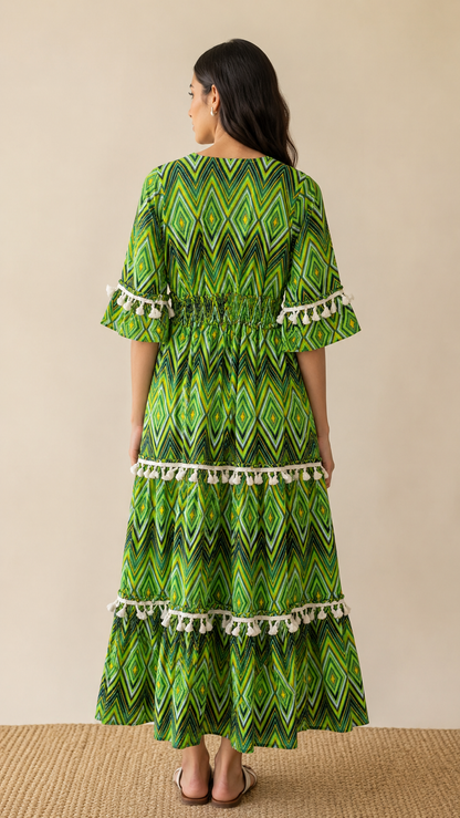 Emerald Tasseled Boho Maxi Dress