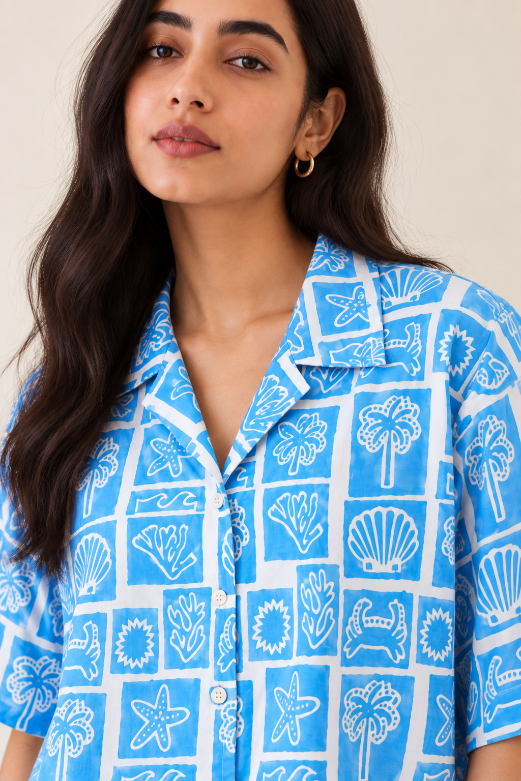 Ocean Blue Boxy Fit Hand block Printed Shirt