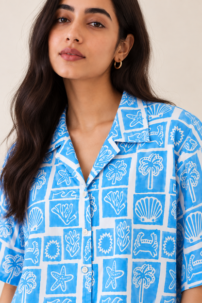 Ocean Blue Boxy Fit Hand block Printed Shirt