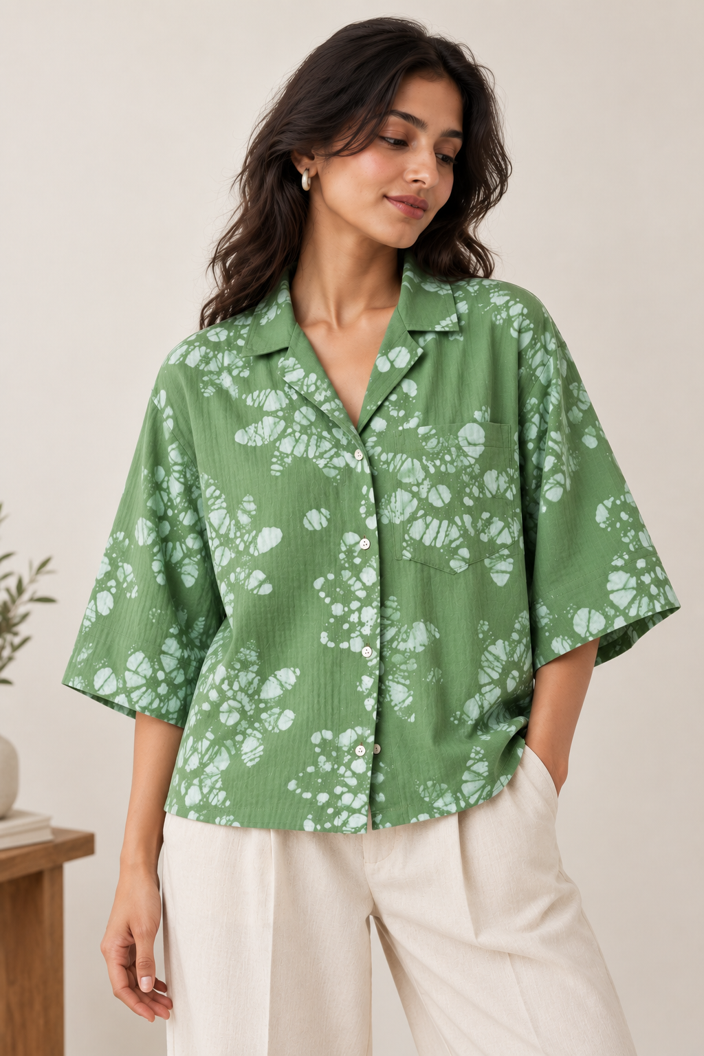 Sage Bloom Printed Boxy Shirt