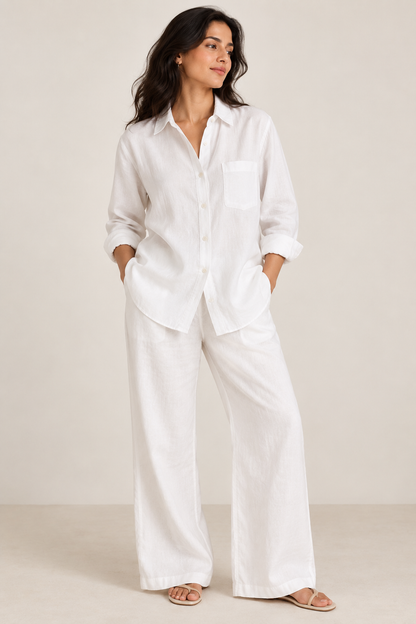 White Pure Linen Relaxed Fit Co-ord set (Set of Two)