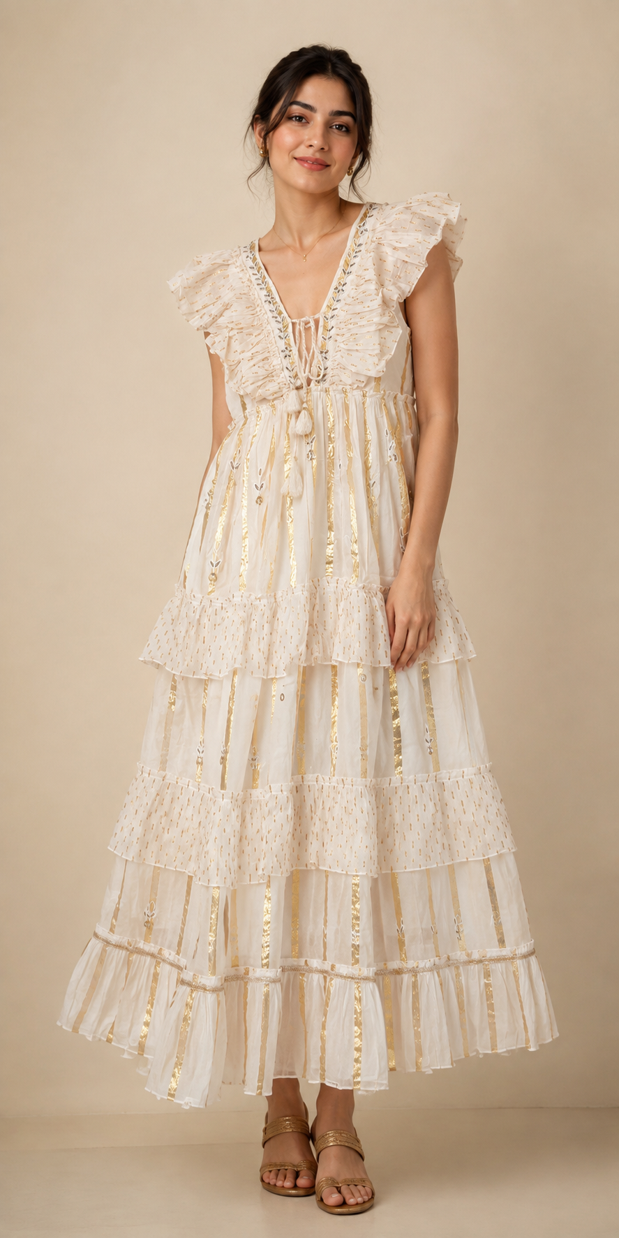 Ivory Gold Ruffle Tiered Maxi Dress