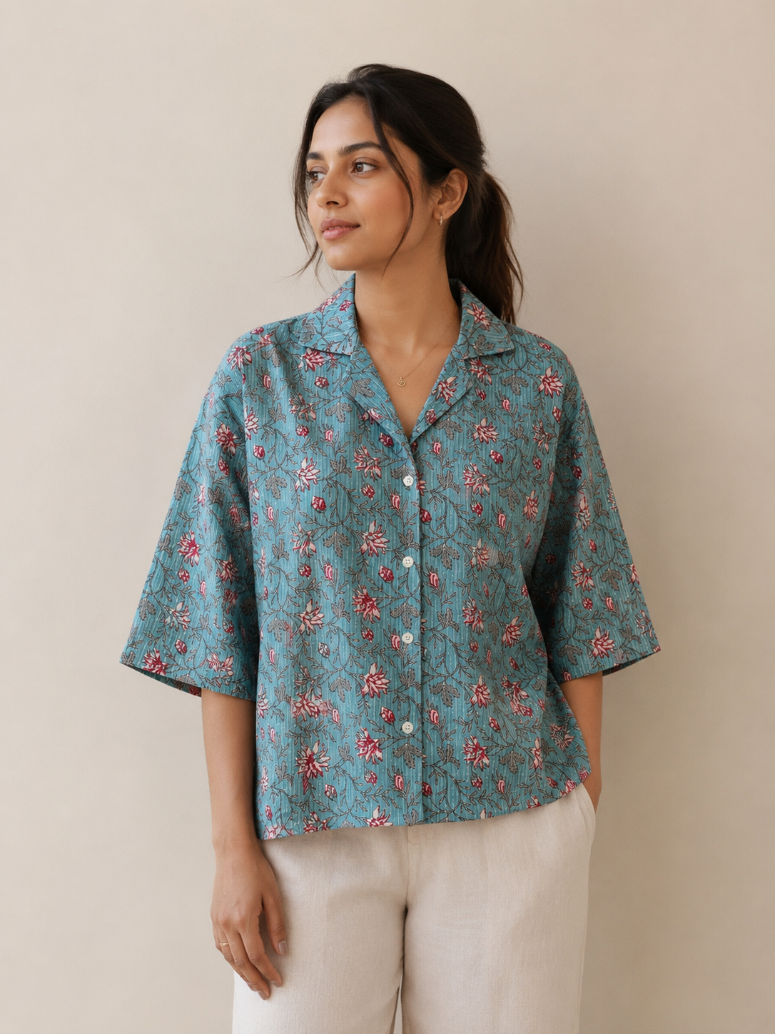 Blue Floral Kantha Boxy Fit Shirt