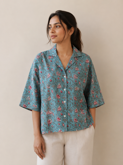 Blue Floral Kantha Boxy Fit Shirt