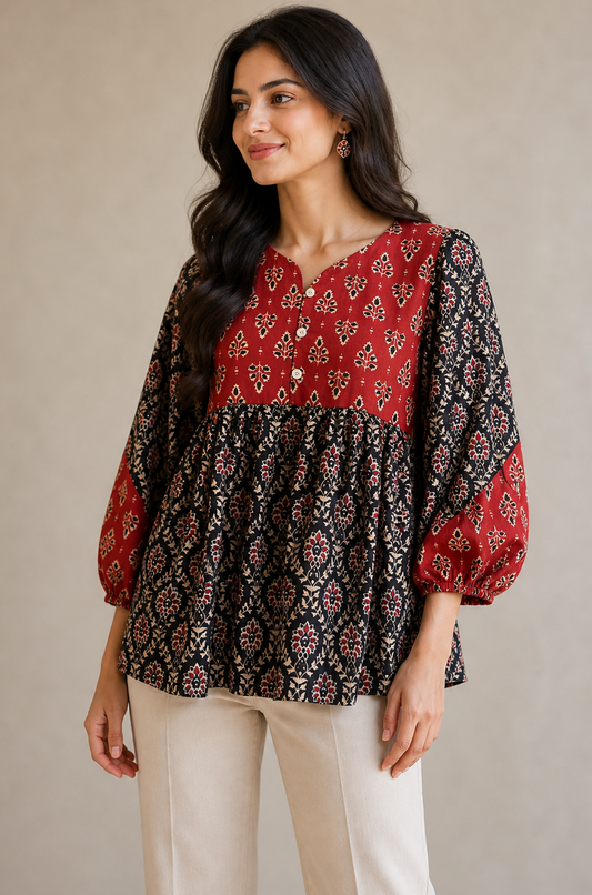 Ajrakh-Inspired Cotton Printed Top
