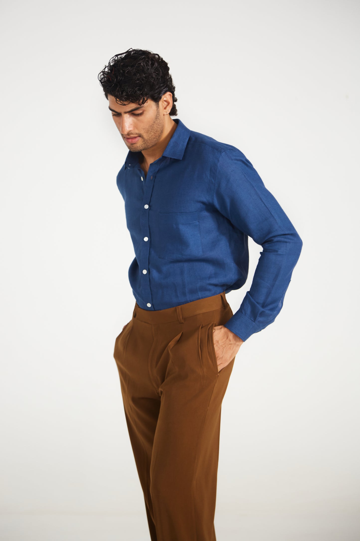 Men’s Solid Dark Blue Pure Linen Shirt