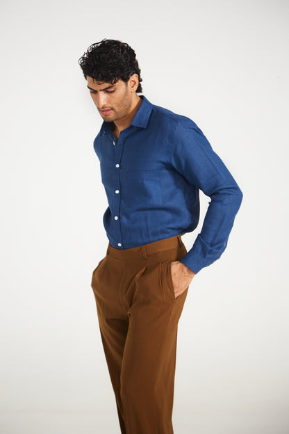 Men’s Solid Dark Blue Pure Linen Shirt