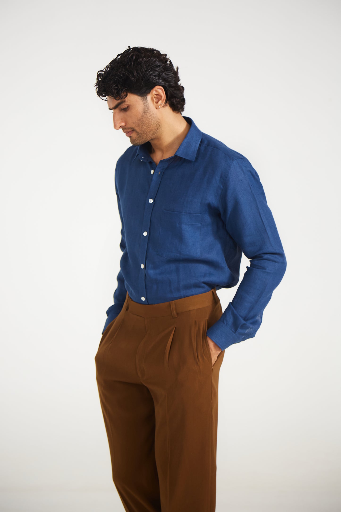 Men’s Solid Dark Blue Pure Linen Shirt