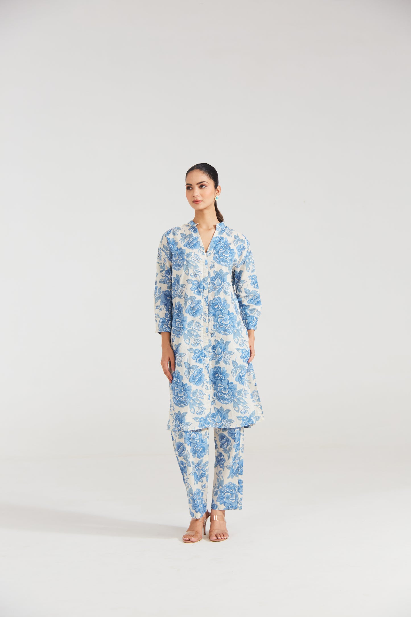 Azure Bloom Printed Cotton Co-ord Set (Set Of Two)