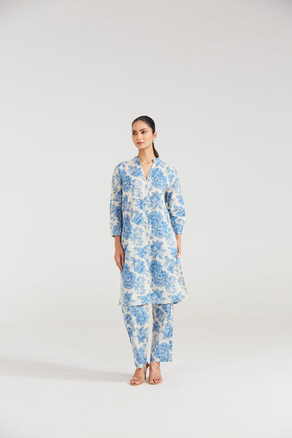 Azure Bloom Printed Cotton Co-ord Set (Set Of Two)