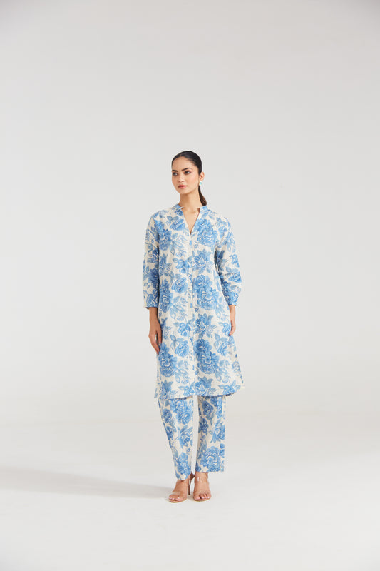 Azure Bloom Printed Cotton Co-ord Set (Set Of Two)