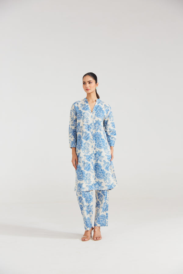 Azure Bloom Printed Cotton Co-ord Set (Set Of Two)
