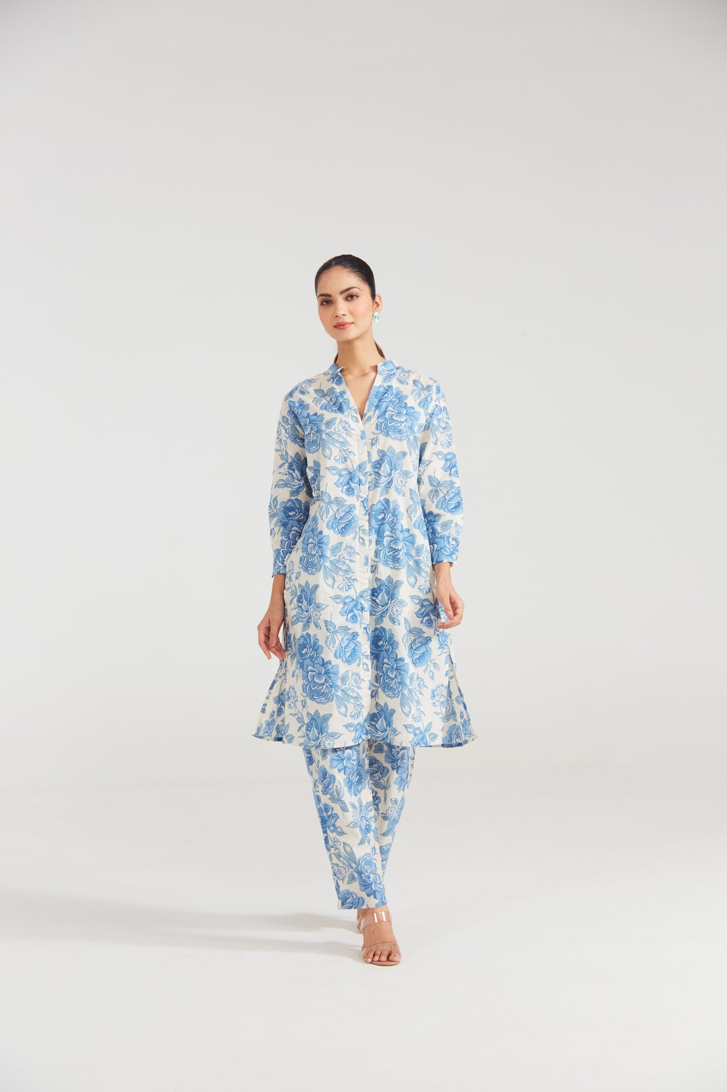 Azure Bloom Printed Cotton Co-ord Set (Set Of Two)