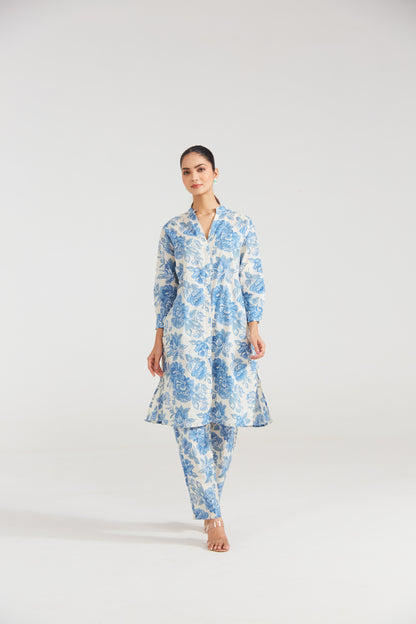 Azure Bloom Printed Cotton Co-ord Set (Set Of Two)
